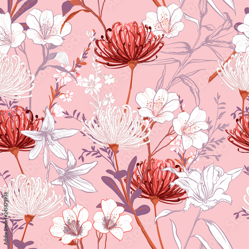Sweet botanical blooming garden flowers unfinished line drawing seamless pattern vector design for fashion,fabric,wallpaper,and all prints
