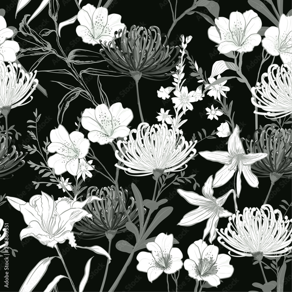 Monotone balck and white botanical blooming garden flowers unfinished line drawing seamless pattern vector