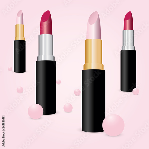 Set of colored lipstick isolated on pink background. Realistic vector illustration.