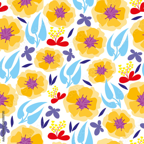 Flowers flat design, seamless pattern, floral background, hand drawn, abstract, vector 