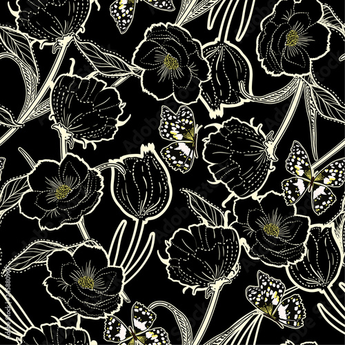 Beautiful outline hand drawn graden in the dark dash botanic flowers with butterflies ,design for fashion,fabric,wallpaper and all prints