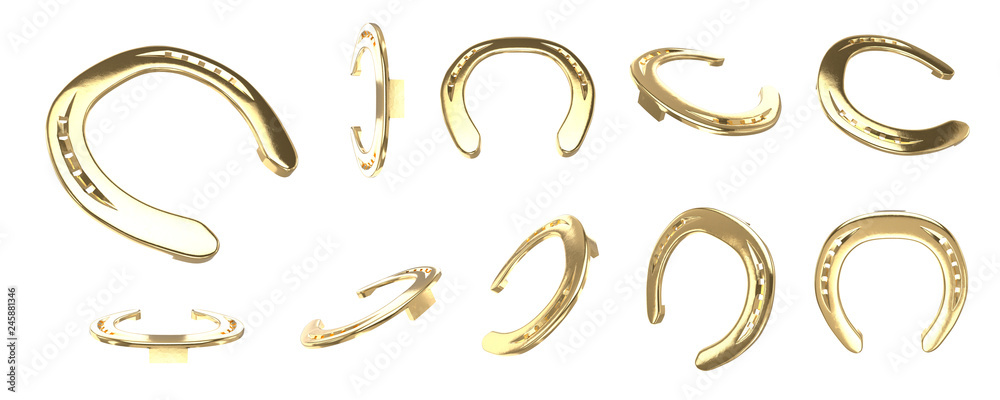 Golden horseshoes different views isolated on white background collection for st. Patrick's day design. Vector 3d rendering illustration for irish holiday Golden horseshoes different views isolated on white background collection for st. Patrick's day design. Vector 3d rendering illustration for irish holiday