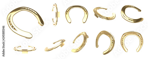 Golden horseshoes different views isolated on white background collection for st. Patrick's day design. Vector 3d rendering illustration for irish holiday
