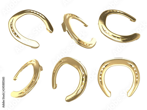 Golden horseshoes different views isolated on white background collection for st. Patrick's day design. Vector 3d rendering illustration for irish holiday