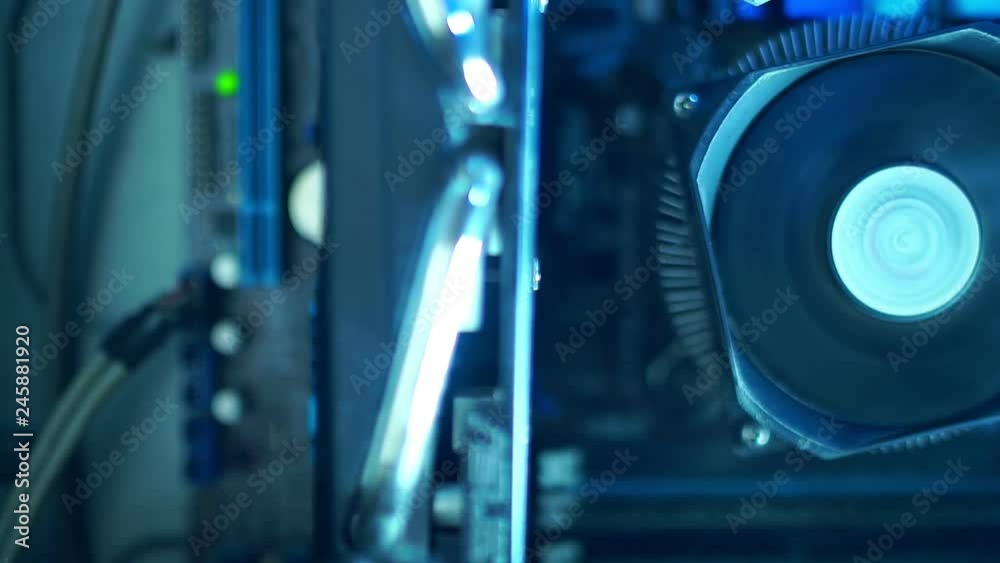 PC components in dust. Close-up CPU fan cools, camera slides to the right. PC components in dust. Close-up CPU fan cools, camera slides to the right.