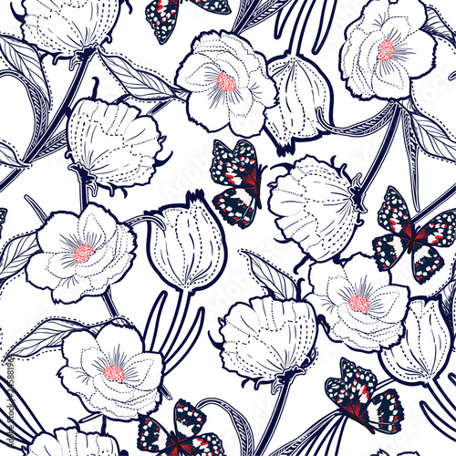 Outline hand drawn graden in the dash botanic flowers with butterflies ,design for fashion,fabric,wallpaper and all prints