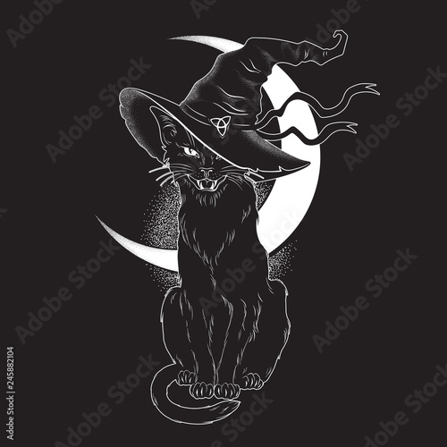 Canvas Print Black cat with pointy witch hat line art and dot work