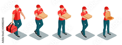 Set of isometric pizza delivery men and women face forward. Couriers go or stand with a pizza box in their hands. Isometric collection isolated on the white background. Vector illustration.