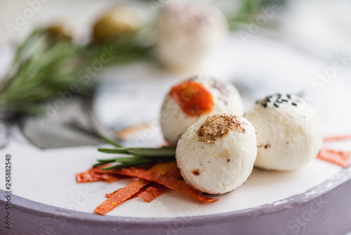 Labne cheese round white balls with spices photo