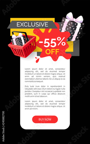 Exclusive products sellout 55 off price vector web site template. Presents and gifts in shopping basket, promotion and clearance of shops, sale goods