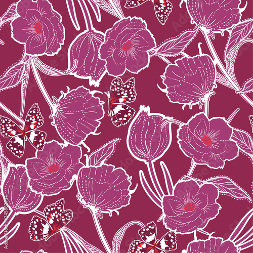 Vintage Outline hand drawn graden in the dash botanic dark blue flowers with butterflies ,design for fashion,fabric,wallpaper and all prints