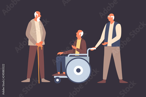 Concept of comfortable life in old age. Retired elderly senior age couple are talking. Wheelchair with disabled old man. Helping elderly and sick people. Vector flat illustration.