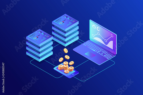 Isometric concept of mining bitcoin using laptop.