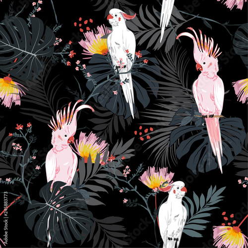 Dark  Tropical floral print. Parrot bird in the jungle and flowers in the exotic forest  allover design, seamless pattern vector for fashion ,wallpaoer and all prints