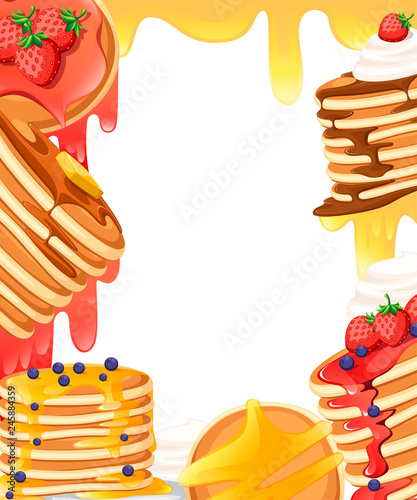 Pattern with different toppings. Illustration with empty space in center. Baking with syrup or honey. Breakfast concept. Flat vector illustration on white background