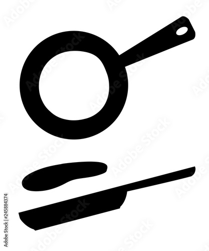 Black silhouettes. Flying pancakes and frying pan. Flat vector illustration isolated on white background. Breakfast icon