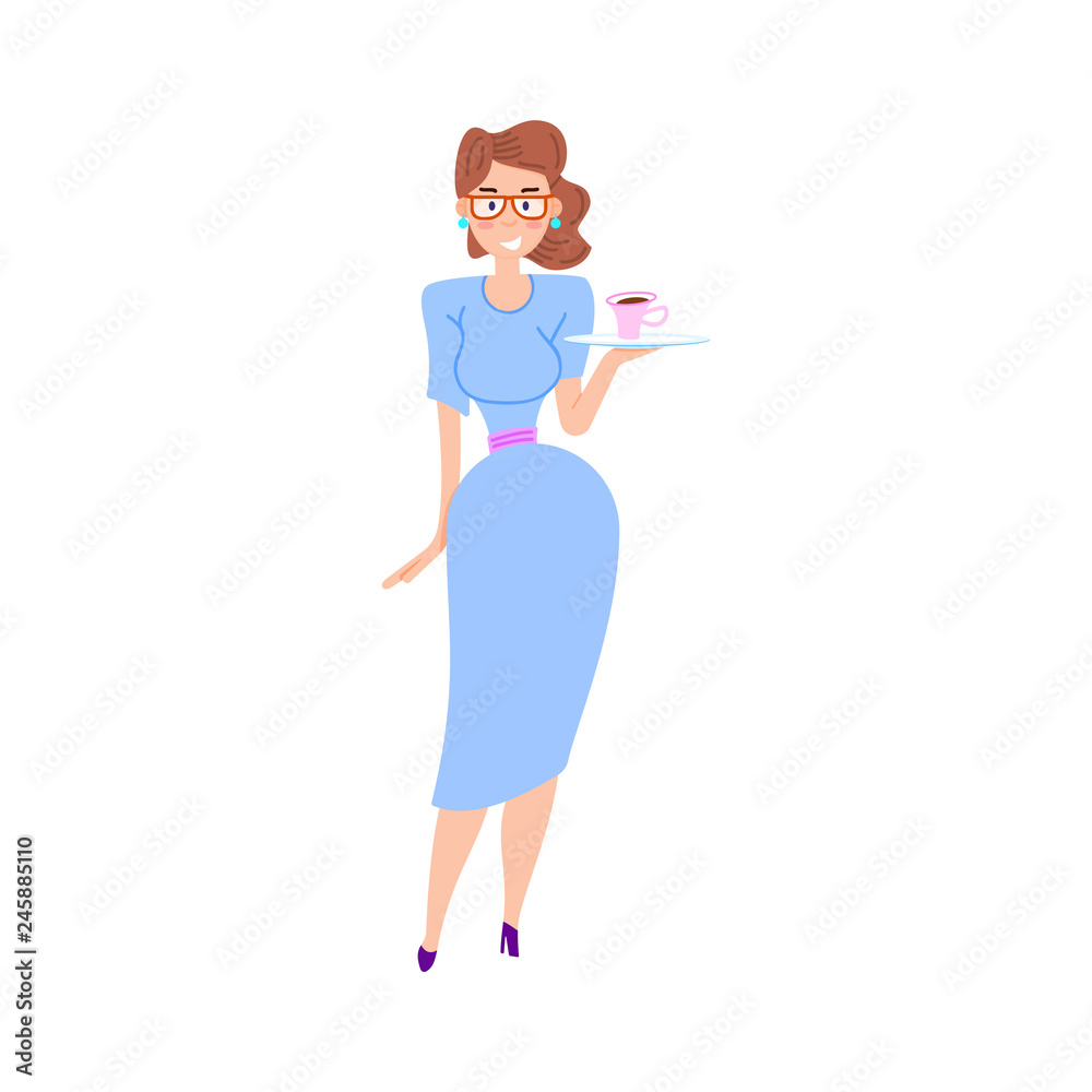 Woman with a cup of coffee, waiter, secretary. Flat style Woman with a cup of coffee, waiter, secretary. Flat style