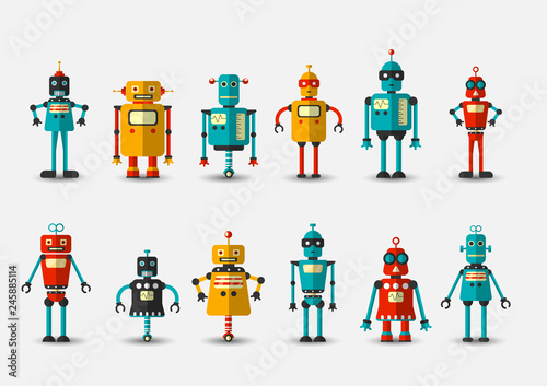 Retro vintage funny vector robot set icon in flat style isolated on grey background. Vintage illustration of flat Chatbot icon collection. Set of Cute cartoon retro robot icons, vintage chat bot set photo
