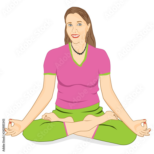 Adult woman with facial wrinkles sits in lotus pose - vector clipart. Concept, mascot or logo element for yoga or a healthy lifestyle