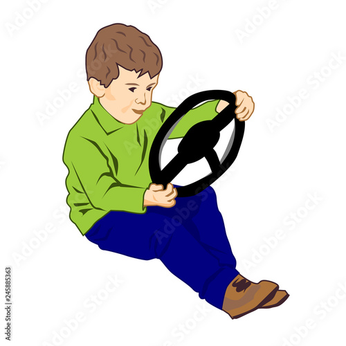 Little boy holding steering wheel - vector clipart. The child is played in the driver, dreaming to drive a car