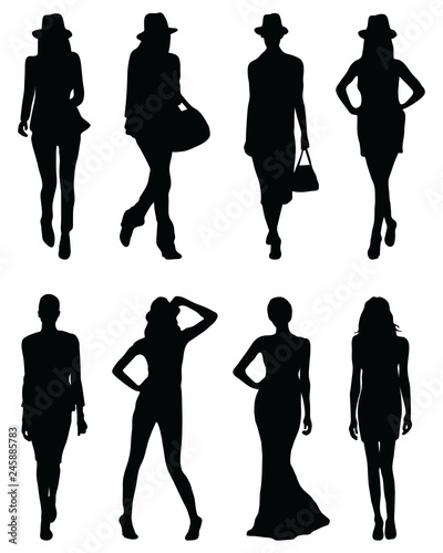 Black silhouettes of fashion girls in various poses