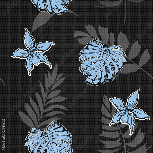 Tropical palm and leaves , orchid flowers on hand drawn grid texture design for fashion ,fabric,and all prints