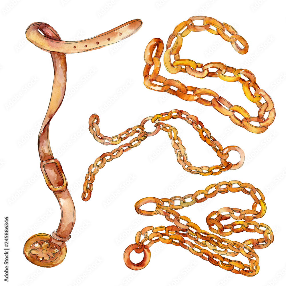Obraz premium Golden chain and leather belt fashion glamour illustration in a watercolor style background. Isolated belt element.