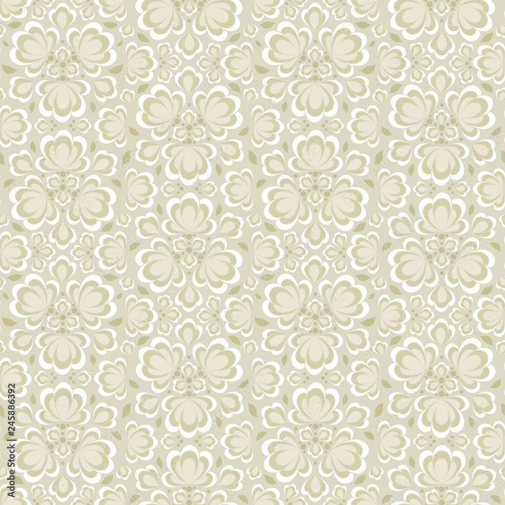 Seamless vector floral pattern with abstract flowers in monochrome light colors. Vintage background in baroque style
