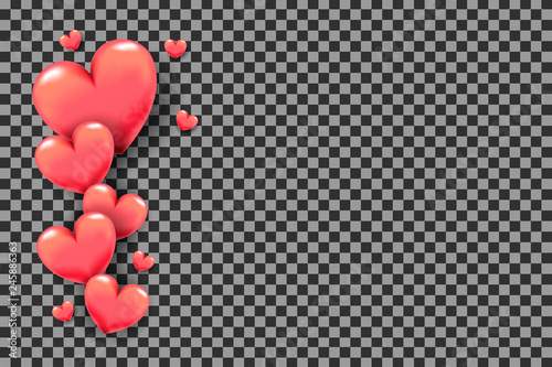 3D hearts as frame on transparent background for Valentine's Day greeting card, holiday poster, banner, invitation, sales or promo. Love theme for wedding decoration with pink hearts on borders