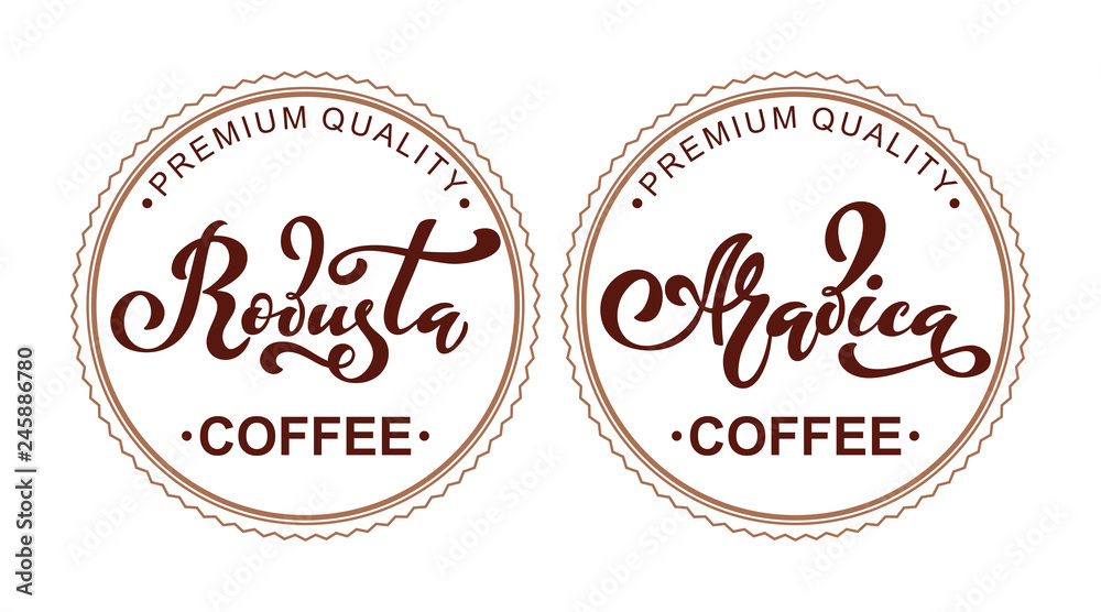 Arabica and robusta coffee logo. Vector illustration of handwritten lettering. Vector elements for packaging, coffee labels, market, cafe design, restaurant menu and store. Arabica and robusta coffee logo. Vector illustration of handwritten lettering. Vector elements for packaging, coffee labels, market, cafe design, restaurant menu and store.
