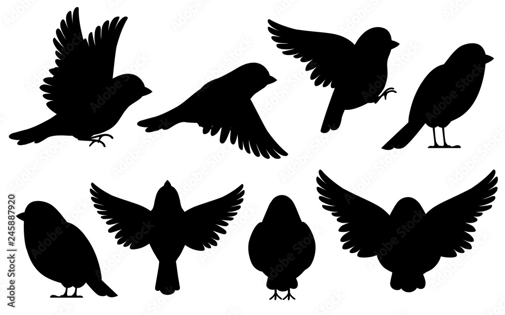 Black silhouette. Icon set of Sparrow bird. Flat cartoon character design. Bird icon in different side of view. Cute sparrow for world sparrow day. Vector illustration isolated on white background