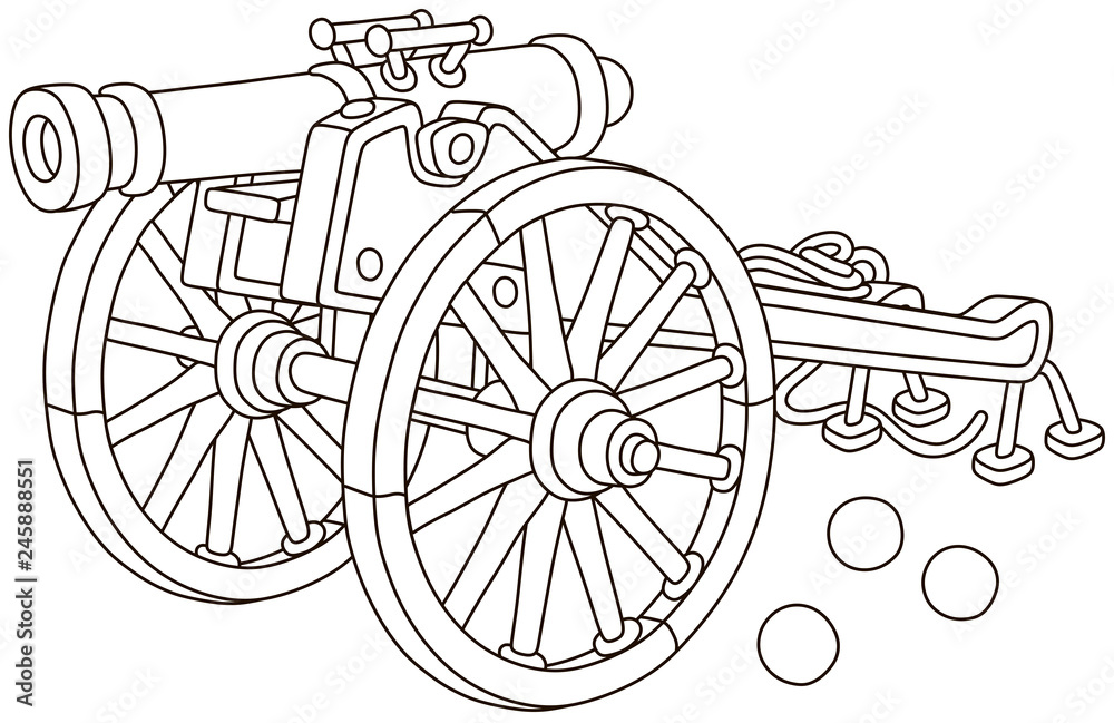 Fototapeta premium Old pirate gun with cast-iron cannonballs and big wooden wheels, black and white vector illustration in a cartoon style for a coloring book
