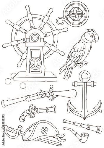 Pirate wooden steering-wheel, a funny parrot, guns, a compass and other old weapons and sea things, black and white vector illustrations in a cartoon style for a coloring book