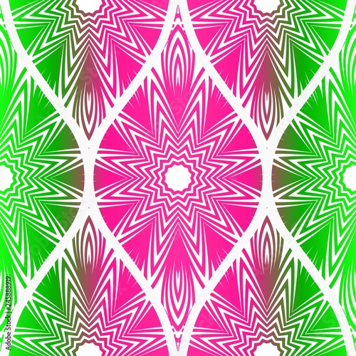 Pink, green color vector illustration. Easy festive ornament from flower in the style of geometric transformations. For fashion print, interior design, backgrounds, greeting cards, design. Seamless