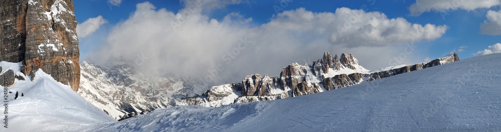 Mountain range of Lastoni di Formin in the Dolomites near Cortina d'Ampezzo. Winter season, Italy.