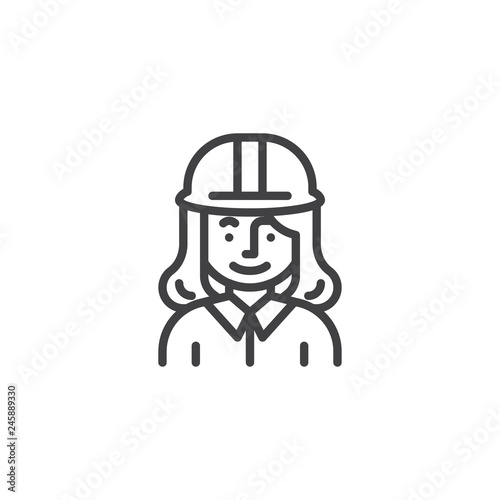 Woman construction worker character line icon. linear style sign for mobile concept and web design. Engineer woman with hard hat outline vector icon. Symbol, logo illustration. Pixel perfect