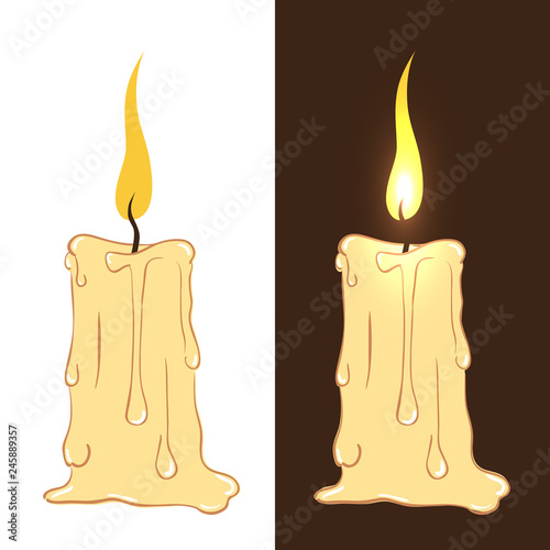 Burning candles with dripping wax on the white and brown background