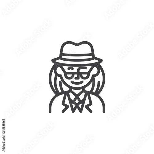 Woman detective with a hat character line icon. linear style sign for mobile concept and web design. Woman spy agent outline vector icon. Symbol, logo illustration. Pixel perfect vector graphics