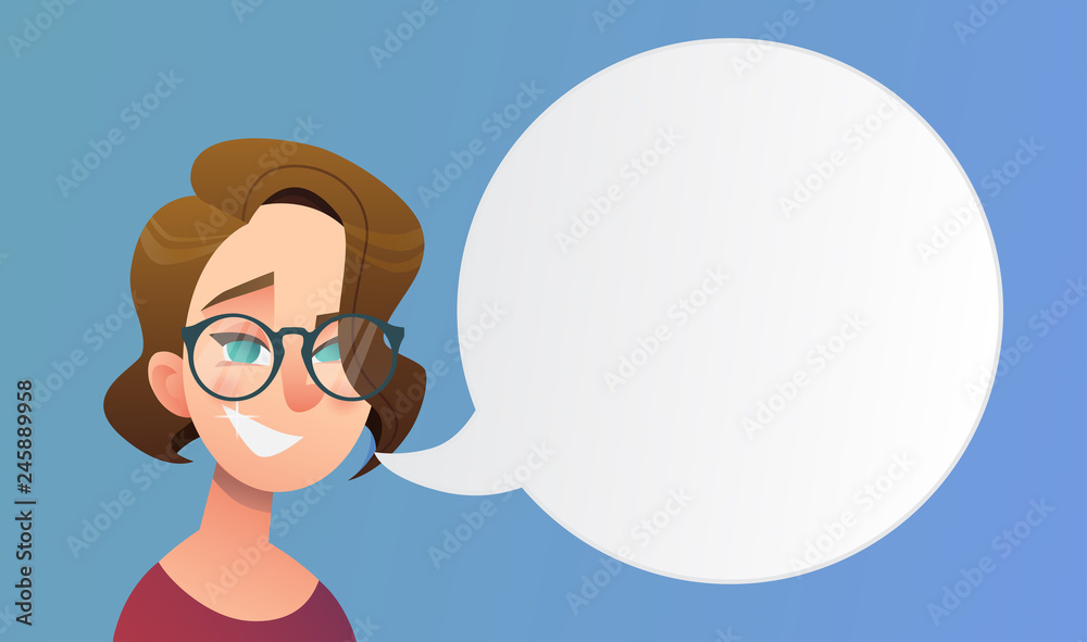 Girl with short hair and glasses in cartoon style with speeech bubble. Beautiful vector flat design set template. Flyer nd site elements. Girl with short hair and glasses in cartoon style with speeech bubble. Beautiful vector flat design set template. Flyer nd site elements.