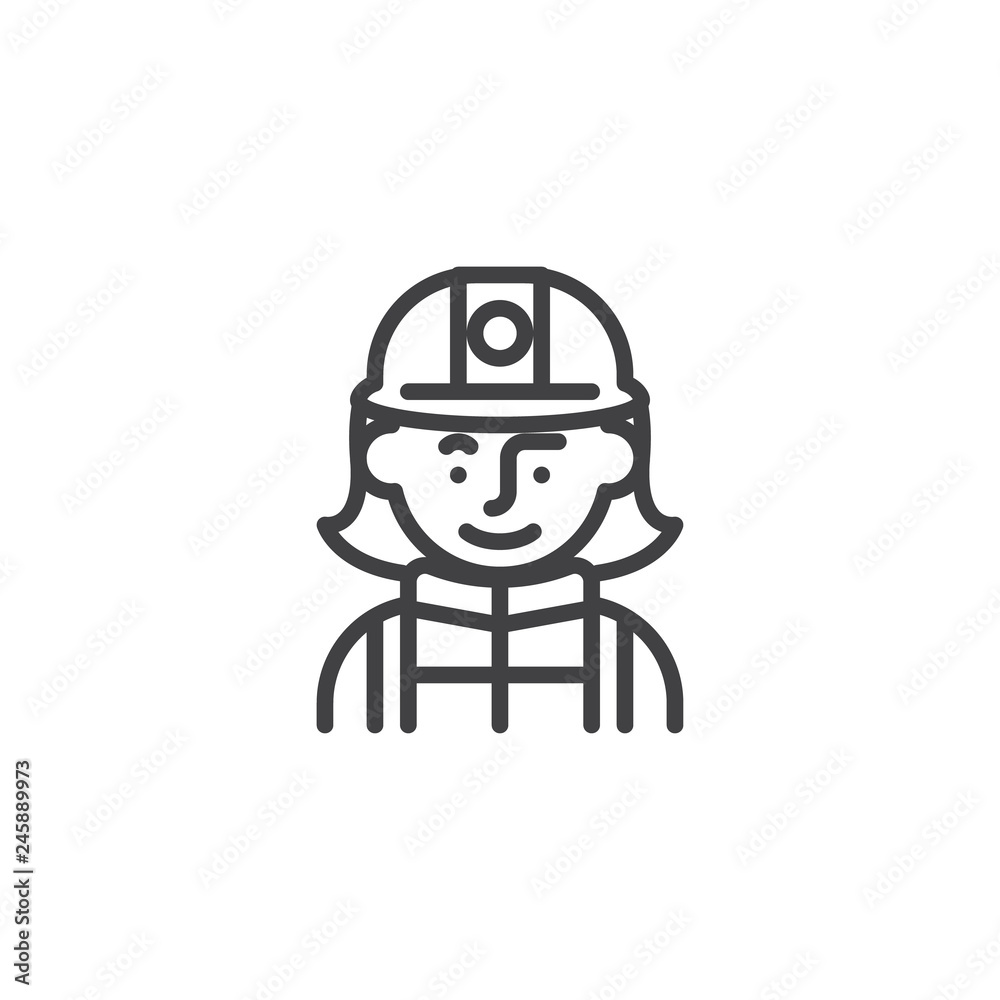Woman firefighter avatar character line icon. linear style sign for mobile concept and web design. Firewoman in helmet outline vector icon. Symbol, logo illustration. Pixel perfect vector graphics