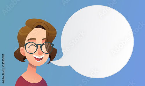 Girl with short hair and glasses in cartoon style with speeech bubble and different emotion. Beautiful vector flat design set template. Flyer nd site elements.