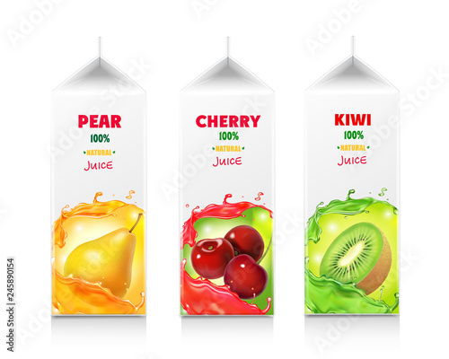 Juice package box set. Cherry, pear and kiwi