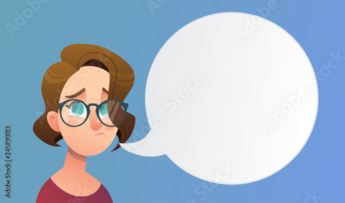 Girl with short hair and glasses in cartoon style with speeech bubble and different emotion. Beautiful vector flat design set template. Flyer nd site elements.