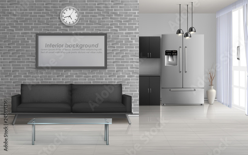 Home living room, studio kitchen spacious interior in minimalism or loft style design 3d realistic vector with glass table and sofa, blank painting frame on brick wall, french door fridge illustration