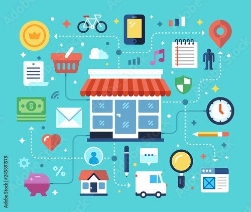 Online shopping, Eshop, Internet selling, e-marketing, e-comerce. Flat design modern vector illustration concept.
