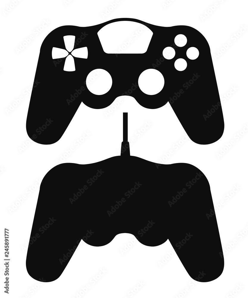 Black silhouette. Wired and wireless game pad. Black video game controller. Gamepad for PC or Console gaming. Flat vector illustration isolated on white background Black silhouette. Wired and wireless game pad. Black video game controller. Gamepad for PC or Console gaming. Flat vector illustration isolated on white background