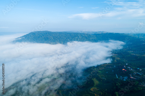 High angle view of fog in the morning at Khao Kho Phetchabun Thailand Aerial view Drone flying shot