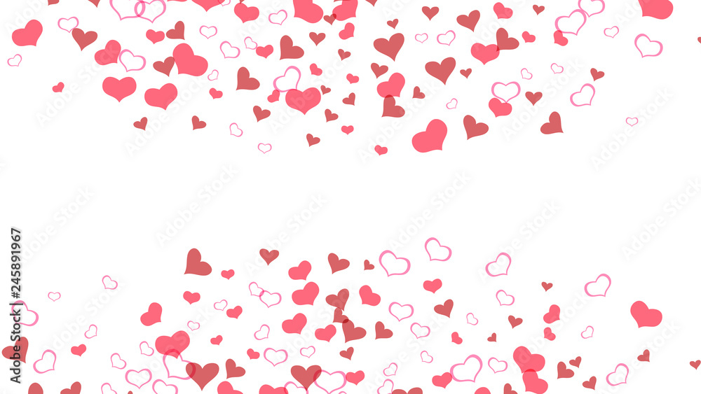 Red hearts of confetti are flying. A sample of wallpaper design, textiles, packaging, printing, holiday invitation for Valentine's Day. Romantic background. Red on White background Vector.
