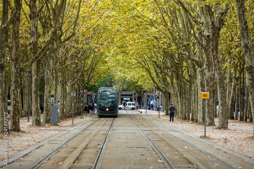  The modern tram in the French city of Bordeaux, passing along the Allees de Munich, a leafy avenue in the center of the city.Gironde, France