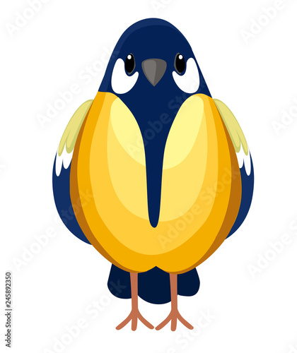 Front view of Titmouse bird sitting. Flat cartoon character design. Colorful bird icon. Cute titmouse template. Vector illustration isolated on white background